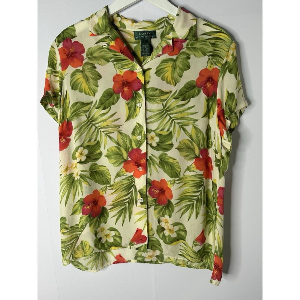 Lauren Ralph Lauren Women's L Button Up Top 100% Silk Beach Vacation Hawaiian